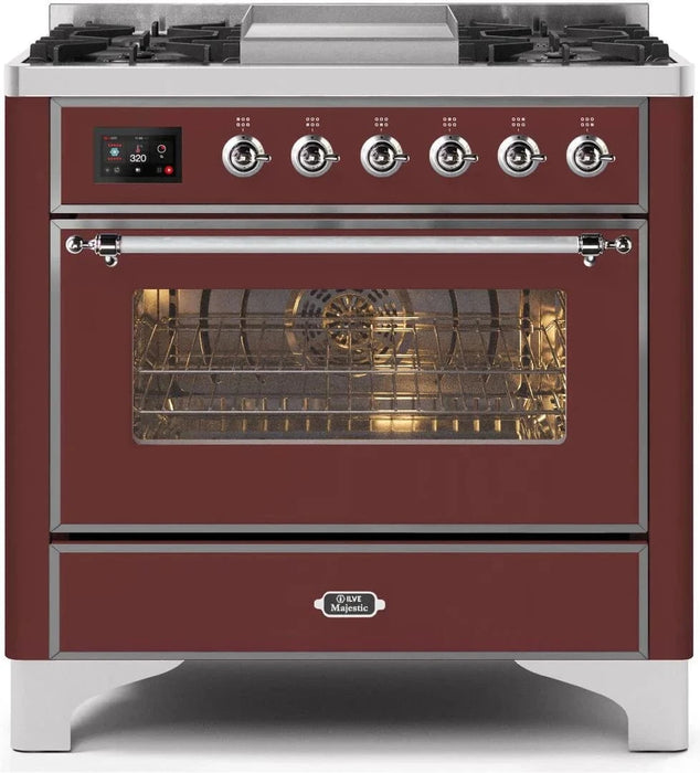 ILVE 36" Majestic II Liquid Propane Dual Fuel Range Burgundy Chrome Trim UM09FDNS3BUCLP