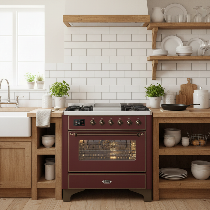 ILVE 36" Majestic II Dual Fuel Range Burgundy Bronze Trim UM09FDNS3BUB