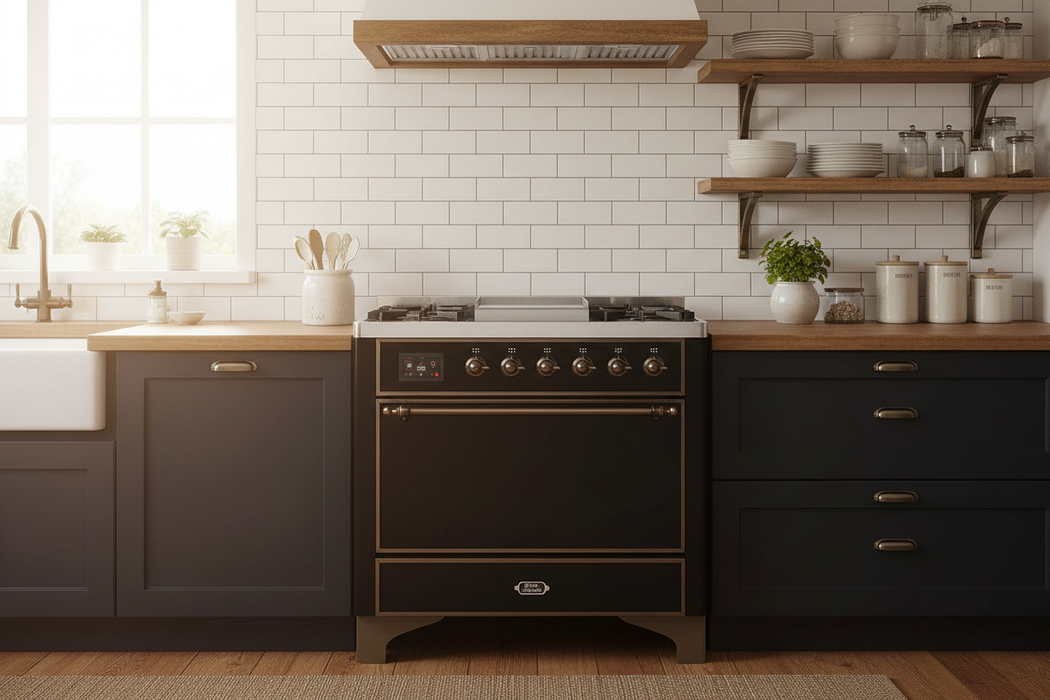 ILVE Majestic II 36" Dual Fuel Range Glossy Black Bronze Trim UM09FDQNS3BKB