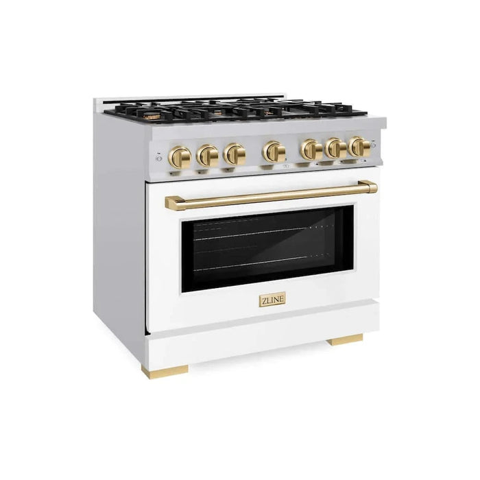 ZLINE 36" Select Gas Range Convection Gas Oven Stainless Steel White Matte Doors Polished Gold HGRZ-WM-36-G