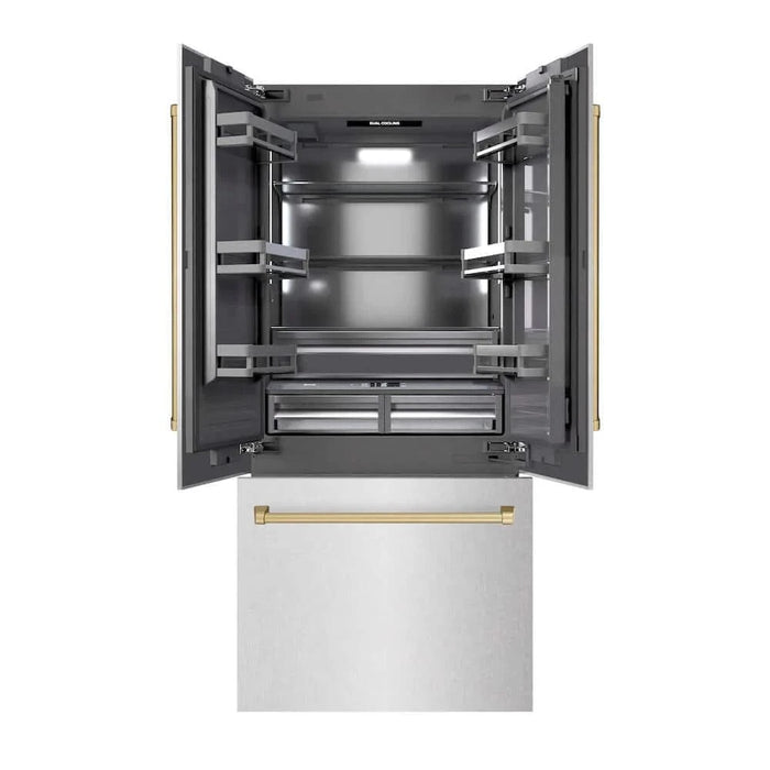 ZLINE 36" Built-In Bottom Freezer Refrigerator with Water Dispenser, Ice Maker, DuraSnow® Stainless Steel, Graphite Gray Interior, Champagne Bronze GRBIVZ-SN-36-CB