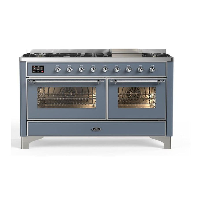 ILVE Majestic II 60 Inch Dual Fuel Natural Gas Freestanding Range, Blue Grey, Copper Trim, UM15FDNS3BGP