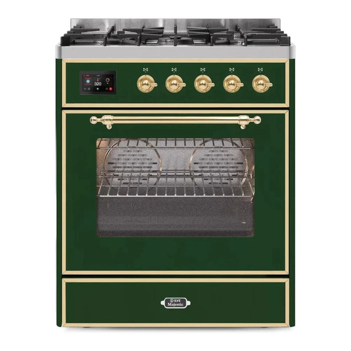 ILVE Majestic II 30" Liquid Propane Dual Fuel Range Emerald Green Brass Trim UM30DNE3EGGLP