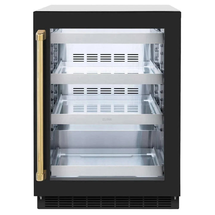 ZLINE 24" Touchstone 151 Can Beverage Fridge Black Matte Glass Door Gold RBSOZ-BLM-24-G