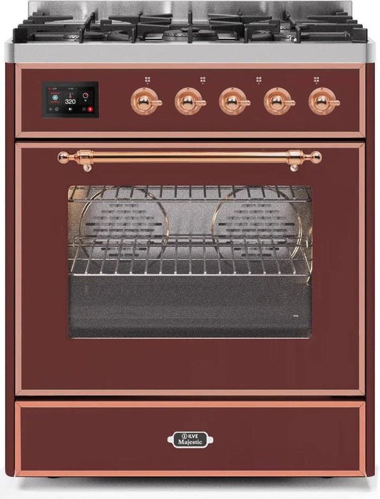 ILVE Majestic II 30" Liquid Propane Dual Fuel Range, Burgundy, Copper Trim UM30DNE3BUPLP