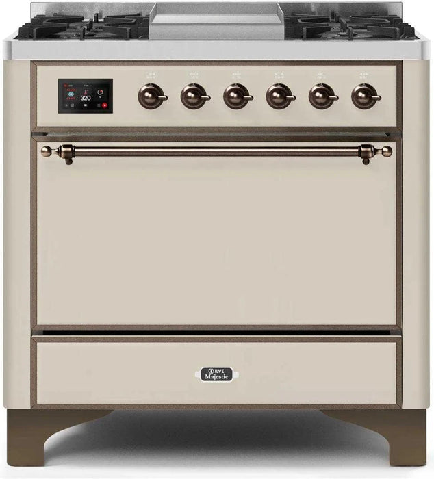 ILVE Majestic II 36" Dual Fuel Range Antique White Bronze Trim UM09FDQNS3AWB