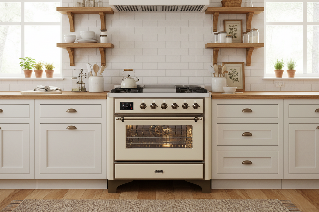 ILVE Majestic II 36" Dual Fuel Range Antique White Bronze Trim UM09FDNS3AWB