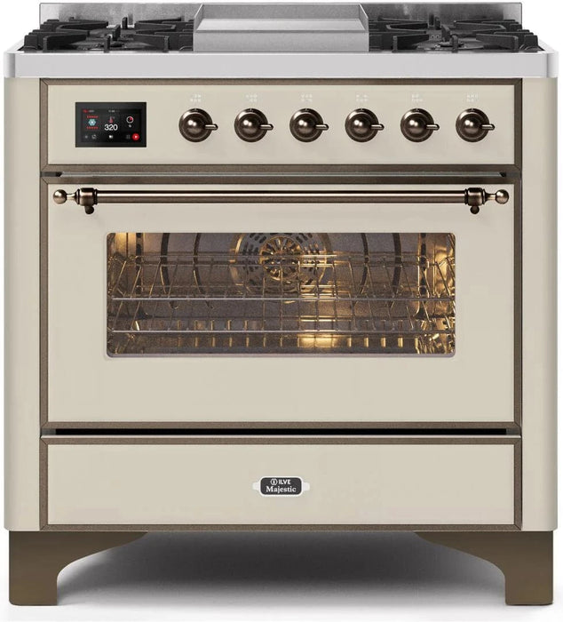 ILVE Majestic II 36" Dual Fuel Range Antique White Bronze Trim UM09FDNS3AWB