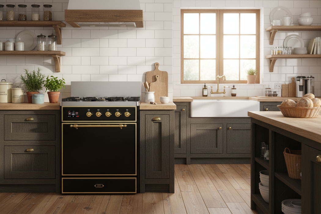 ILVE Majestic III 30" Dual Fuel Range, Glossy Black Brass Trim UM30QNR3BKG