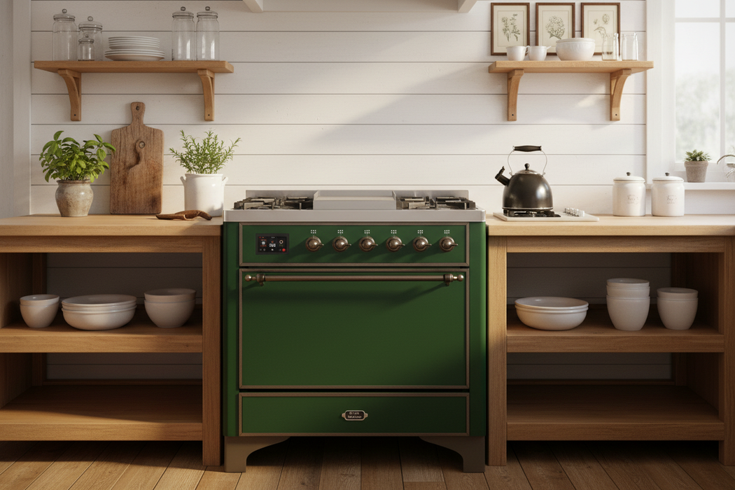 ILVE Majestic II 36" Dual Fuel Range Emerald Green Bronze Trim UM09FDQNS3EGB