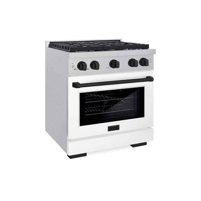 ZLINE 30"Gas Range, Convection Gas Oven, DuraSnow® White Matte, Matte Black SGRSZ-WM-30-MB