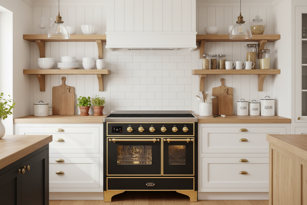 ILVE 40"Majestic II Induction Range Glossy Black Brass Trim UMDI10NS3BKG