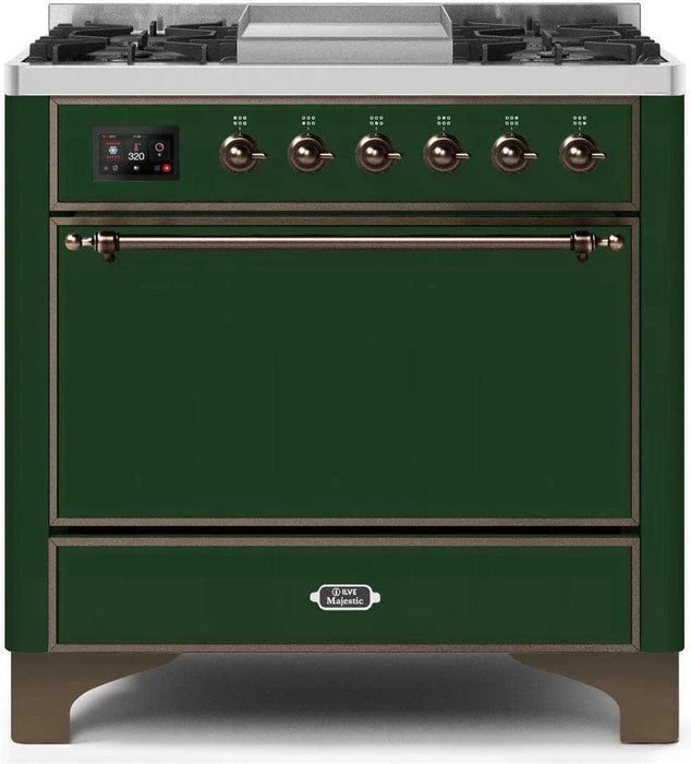 ILVE Majestic II 36" Liquid Propane Dual Fuel Range Emerald Green Bronze Trim UM09FDQNS3EGBLP