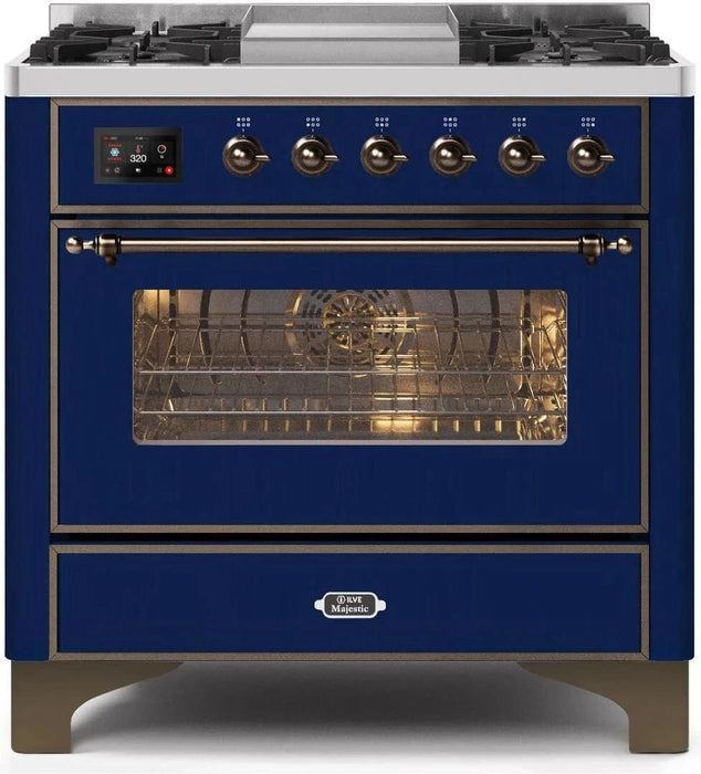 ILVE Majestic II 36" Liquid Propane Dual Fuel Range Midnight Blue Bronze Trim UM09FDNS3MBBLP