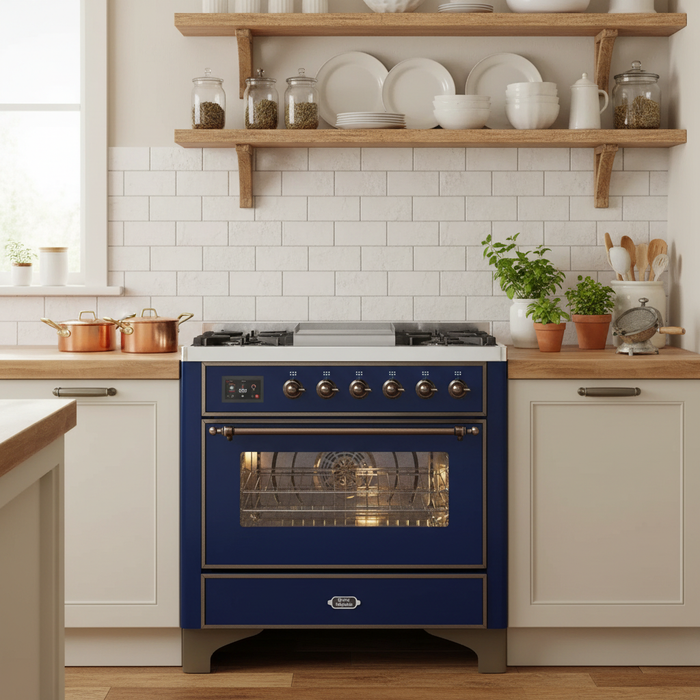 ILVE Majestic II 36" Liquid Propane Dual Fuel Range Midnight Blue Bronze Trim UM09FDNS3MBBLP
