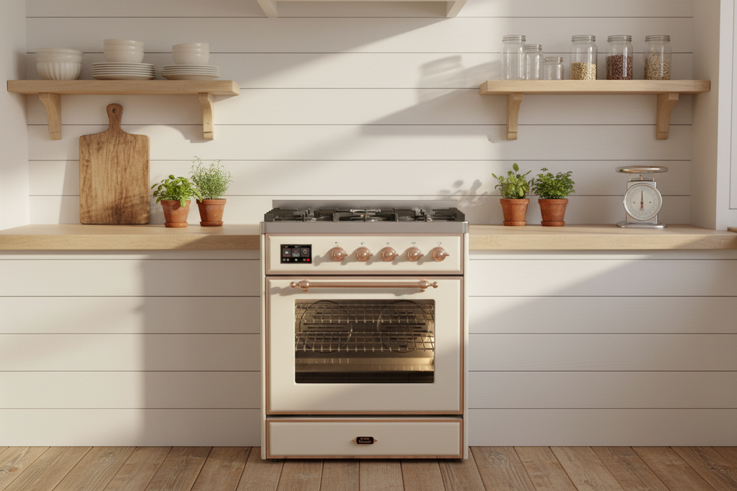 ILVE Majestic III 30" Dual Fuel Range Antique White, Copper Trim UM30NR3AWP