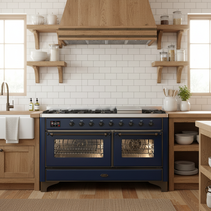 ILVE Majestic III 60" Dual Fuel Range, Midnight Blue, Burnished Trim UM60FNR3MBB
