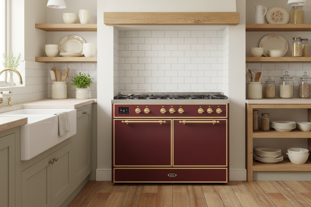 ILVE Majestic II 30" Dual Fuel Range Burgundy Brass Trim UM30DQNE3BUG