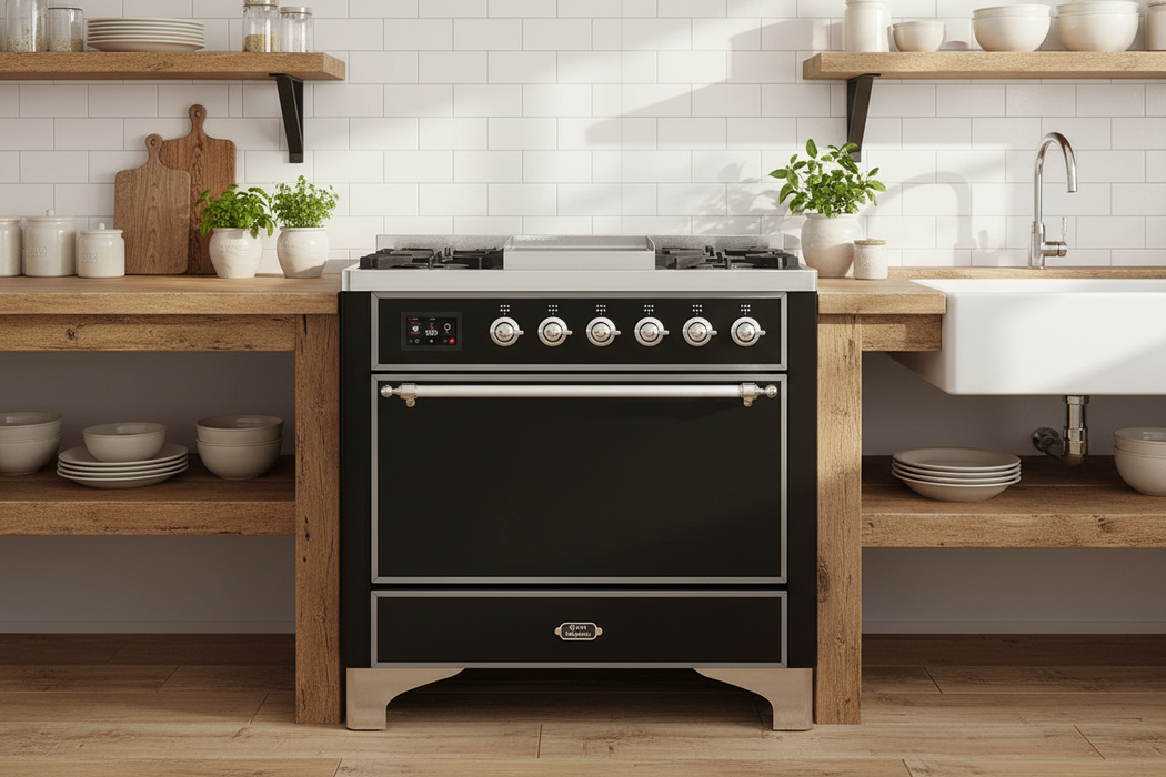 ILVE Majestic II 36" Liquid Propane Dual Fuel Range Glossy Black Chrome Trim UM09FDQNS3BKCLP