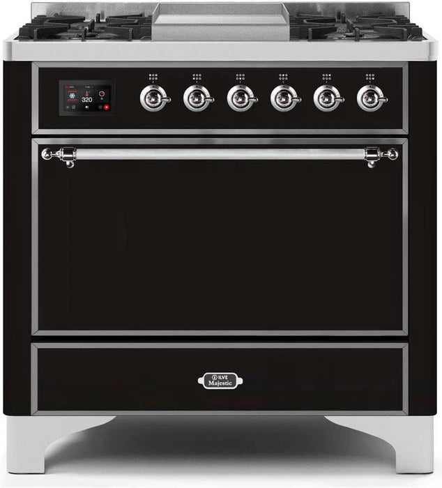 ILVE Majestic II 36" Dual Fuel Range Glossy Black Chrome Trim UM09FDQNS3BKC