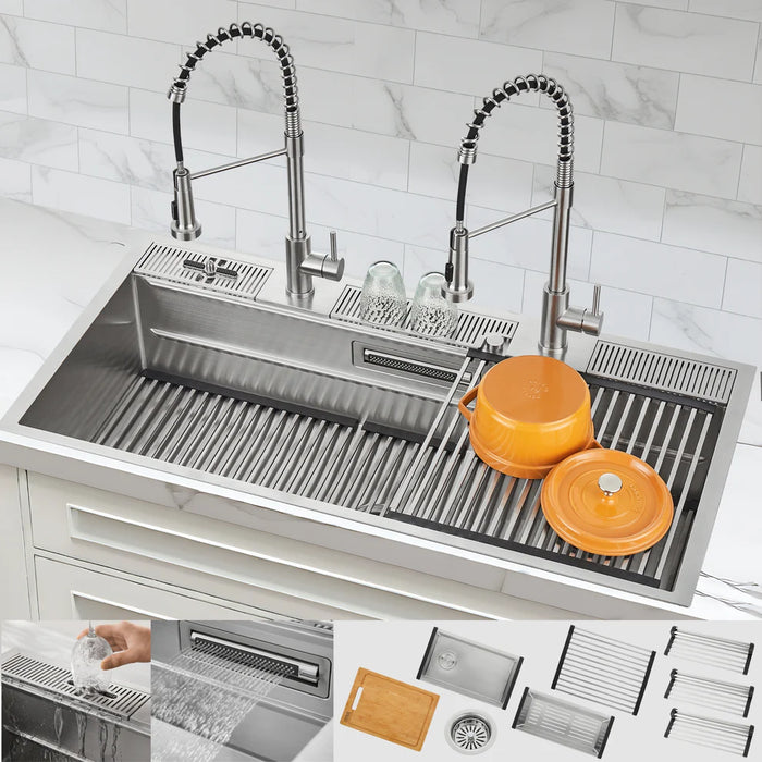 FORNO ACQUA 45" Drop-In/Undermount 3-Level Workstation Sink, Two Faucets Glass Rinser J-WP31
