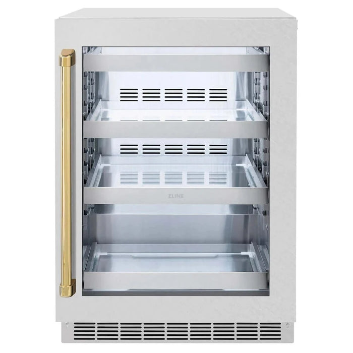 ZLINE 24" Touchstone 151 Can Beverage Fridge DuraSnow® Stainless Steel Glass Door Polished Gold Handle RBSOZ-SN-24-G