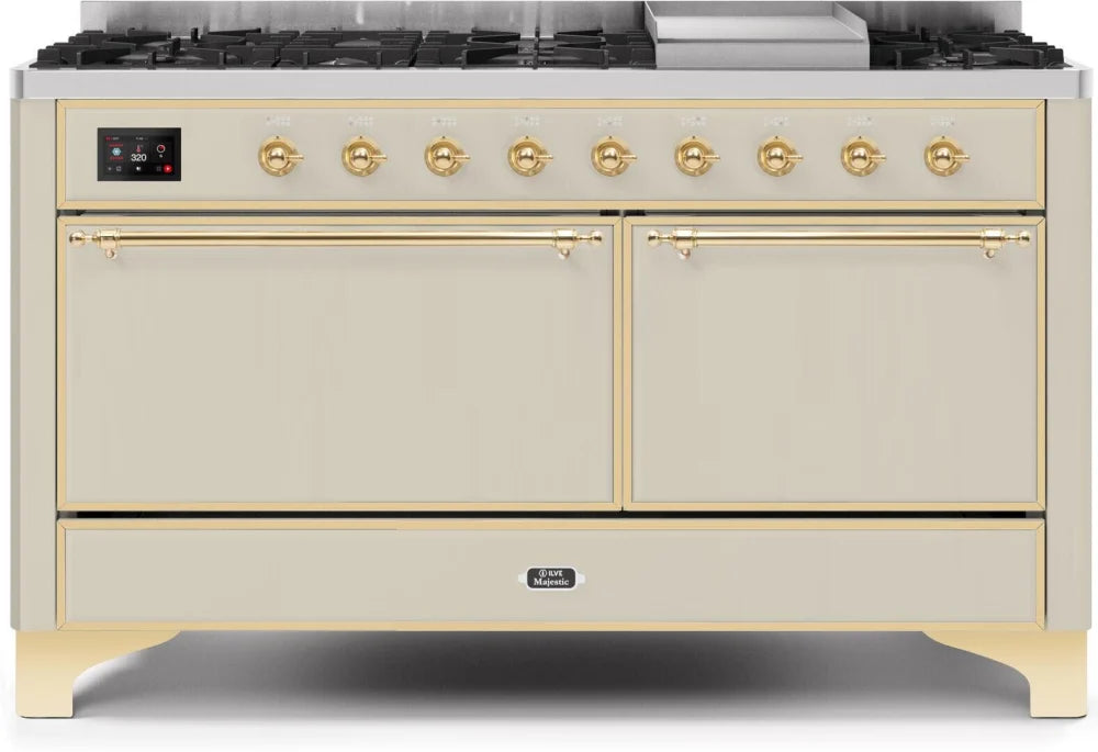 ILVE Majestic II 60" Dual Fuel Range, Antique White, Brass Trim UM15FDQNS3AWG