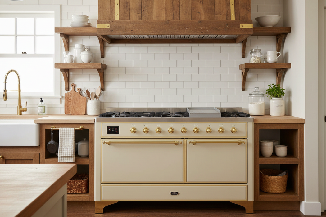 ILVE Majestic II 60" Dual Fuel Range Liquid Propane, Antique White, Brass Trim UM15FDQNS3AWGLP