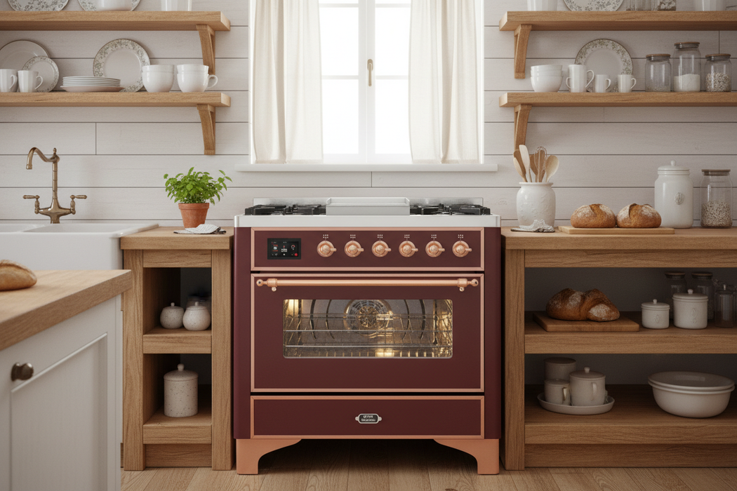 ILVE 36" Majestic II Liquid Propane Dual Fuel Range Burgundy Copper Trim UM09FDNS3BUPLP
