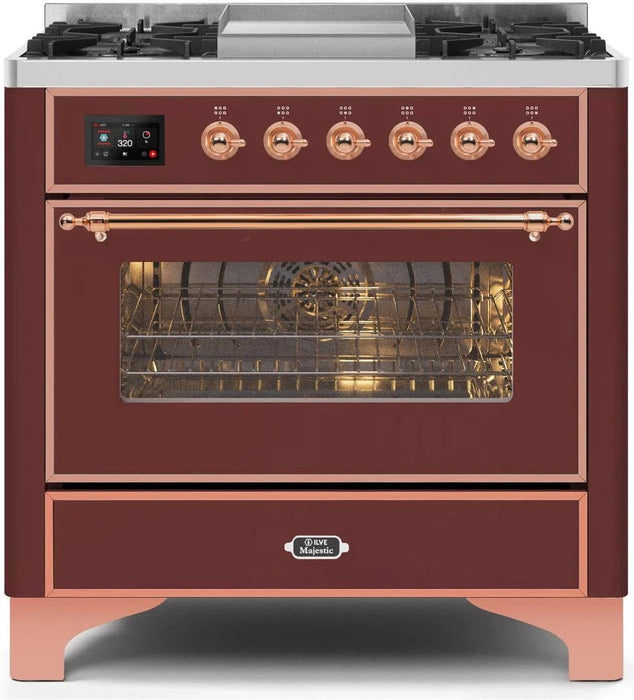 ILVE 36" Majestic II Dual Fuel Range Burgundy Copper Trim UM09FDNS3BUP