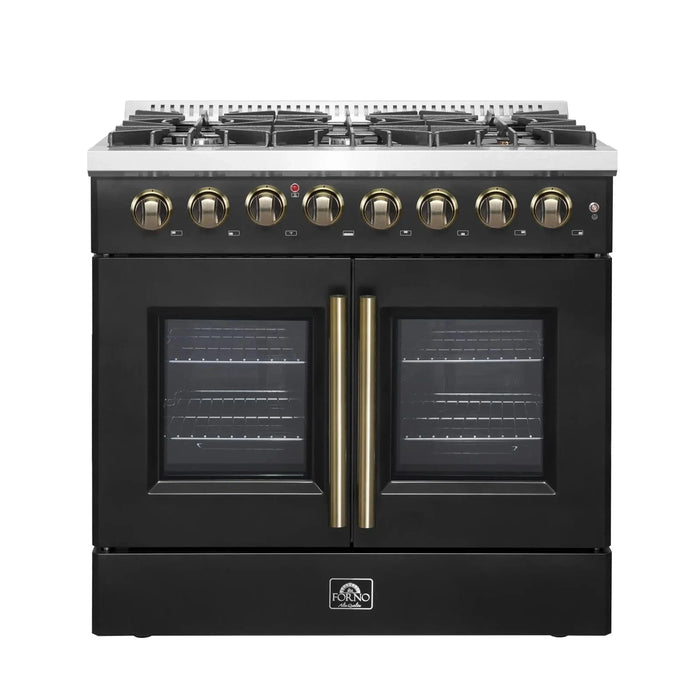 Forno Galiano 36"French DoorDual Fuel Range, Gas Stove, Electric Oven Black, Antique Brass Trim, FFSGS6356-36BLK