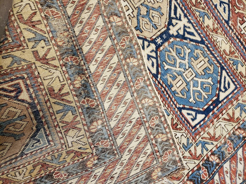 3' 4" X 4' 11" Antique Handmade Shirvan Kazak Caucasian Wool Rug Colorful