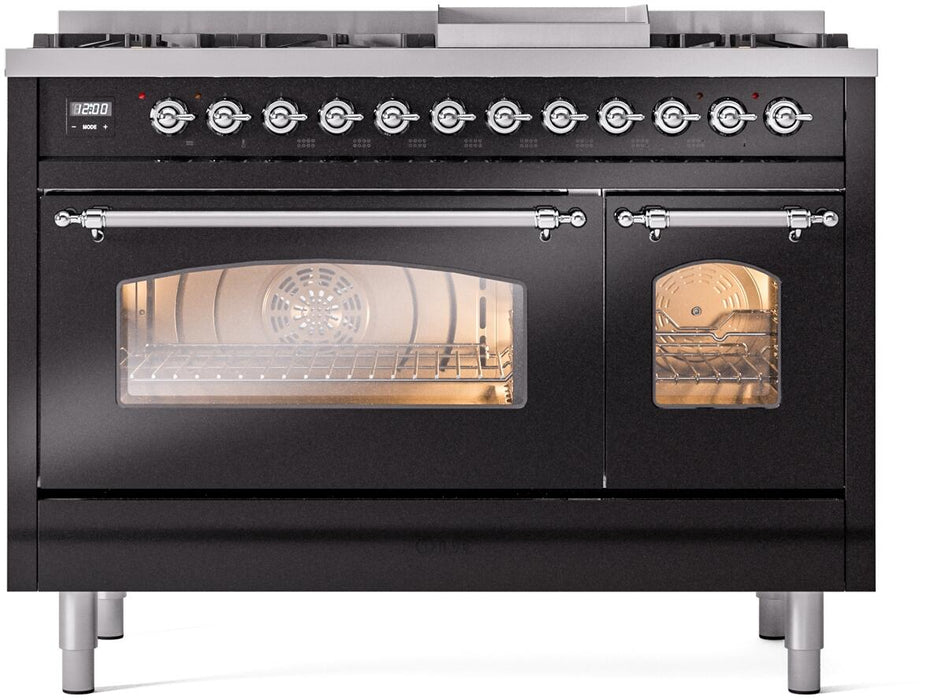 ILVE Nostalgie II 48" Dual Fuel Liquid Propane Range, Glossy Black, Chrome Trim UP48FNMPBKCLP ILVE