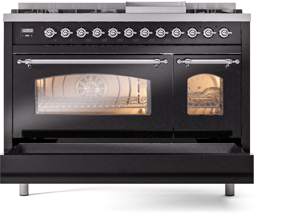 ILVE Nostalgie II 48" Dual Fuel Liquid Propane Range, Glossy Black, Chrome Trim UP48FNMPBKCLP ILVE