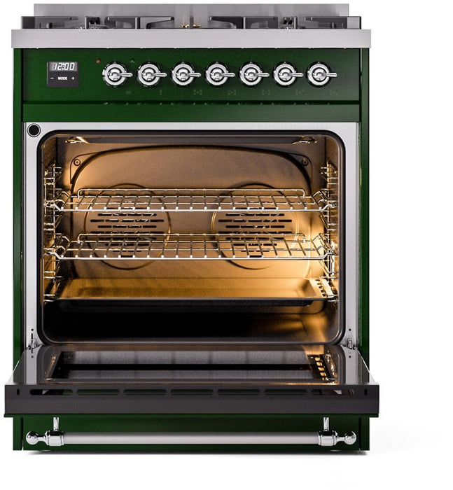 ILVE Nostalgie II 30" Dual Fuel Liquid Propane Range, Emerald Green, Chrome Trim UP30NMPEGCLP ILVE