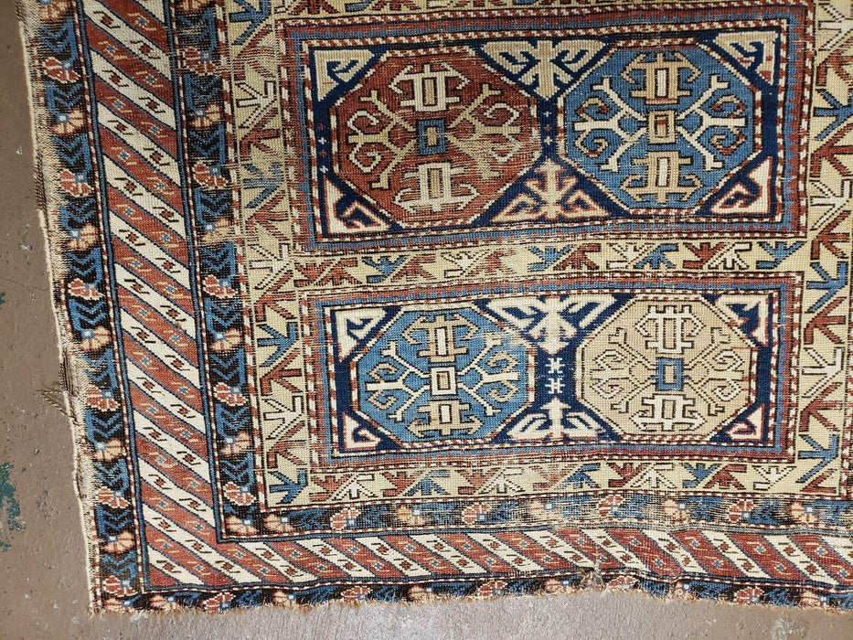 3' 4" X 4' 11" Antique Handmade Shirvan Kazak Caucasian Wool Rug Colorful