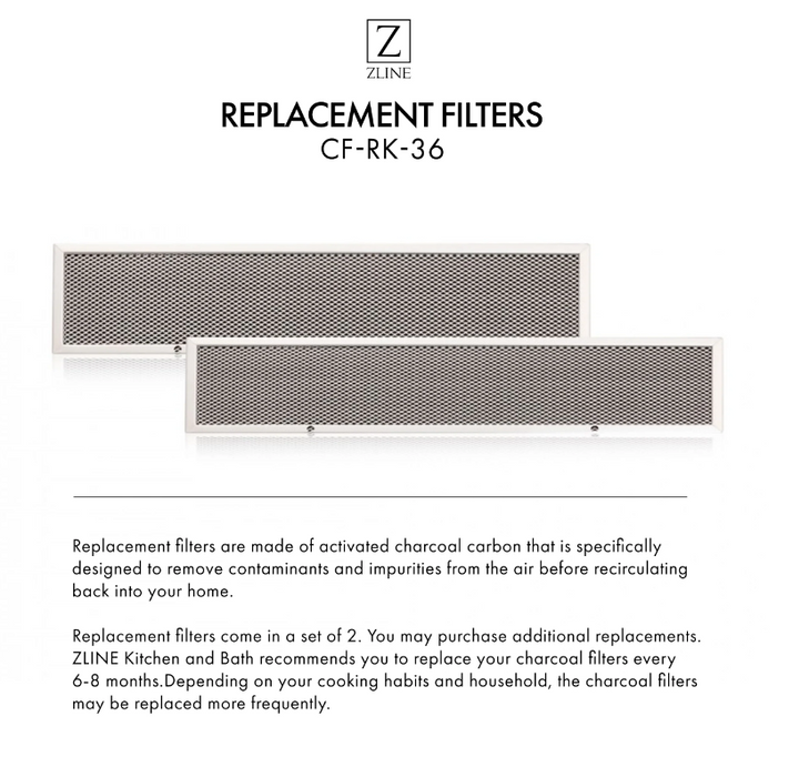 ZLINE Charcoal Filters (Set of 2) for 36" Under Cabinet Range Hoods, CF-RK-36