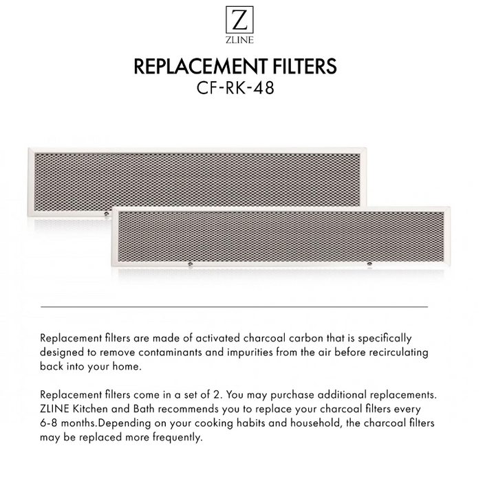 ZLINE Charcoal Filters (Set-2)-48" Under Cabinet Range Hoods, CF-RK-48