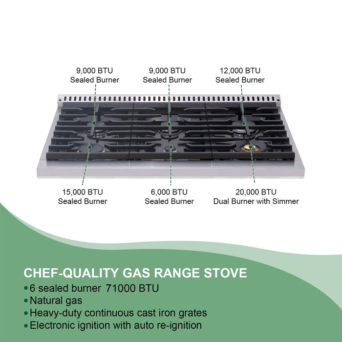 36" Slide-in Freestanding Professional Style Gas Range with 5.2 Cu. Ft. Oven, 6 Burners