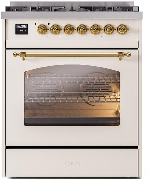 ILVE Nostalgie II 30" Dual Fuel Liquid Propane Range, Antique White, Brass Trim UP30NMPAWGLP ILVE