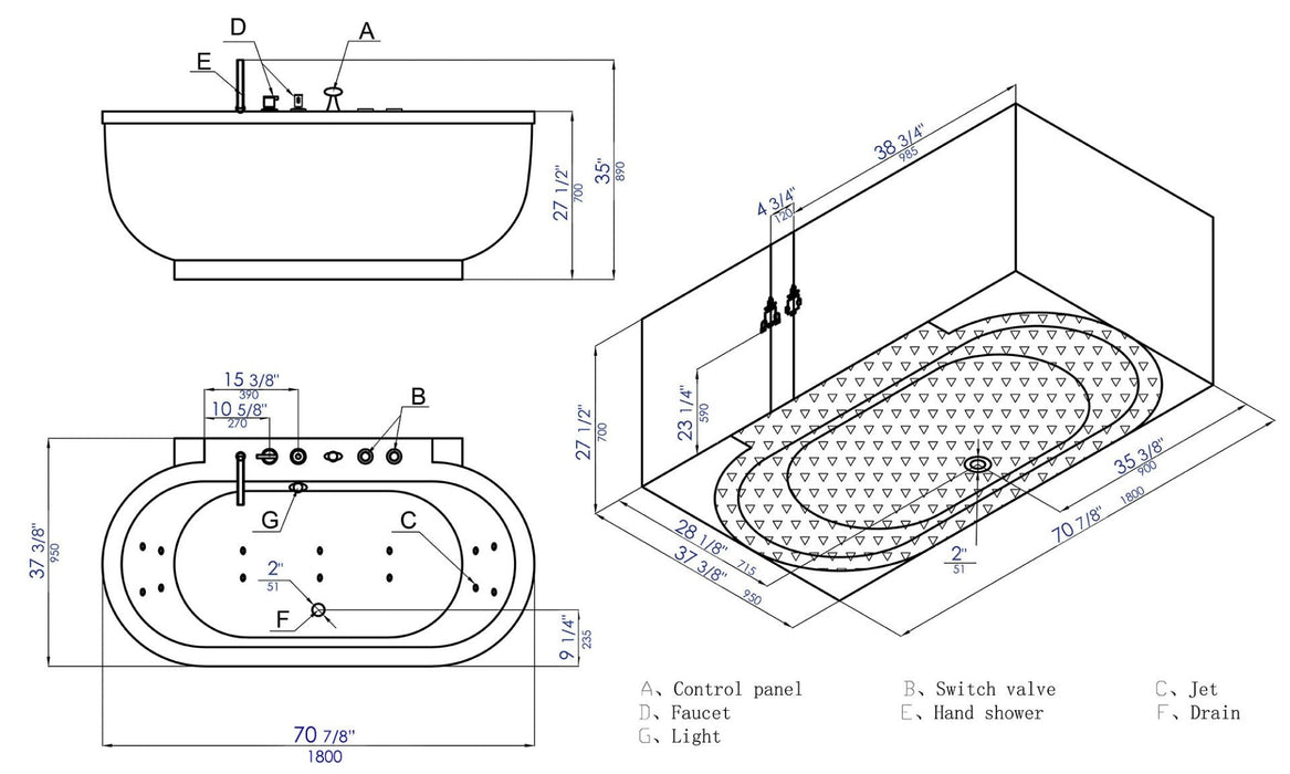 EAGO 6 ft Acrylic White Whirlpool Bathtub, Fixtures AM128ETL