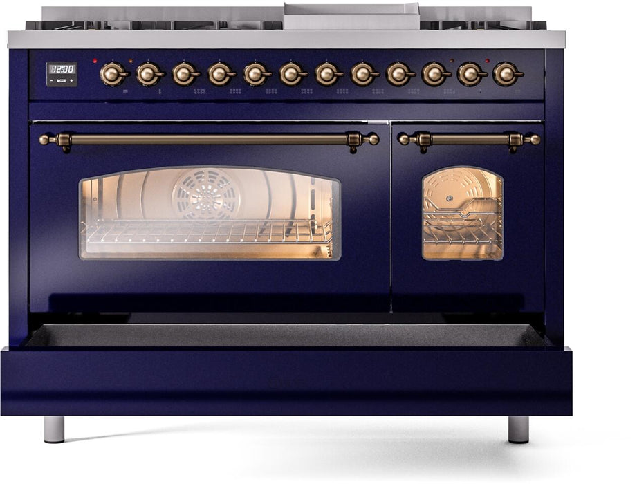 ILVE Nostalgie II 48" Dual Fuel Liquid Propane Range, Blue, Bronze Trim UP48FNMPMBBLP ILVE