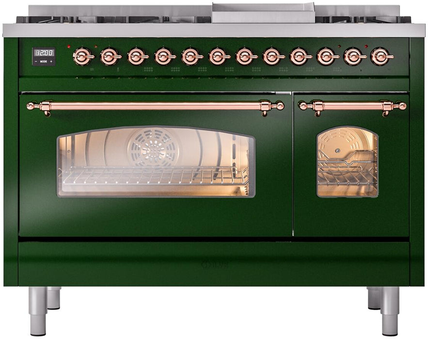 ILVE Nostalgie II 48" Dual Fuel Liquid Propane Range, Emerald Green, Copper Trim UP48FNMPEGPLP ILVE