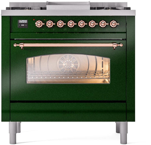 ILVE Nostalgie II 36" Dual Fuel Liquid Propane Range, Emerald Green, Copper Trim UP36FNMPEGPLP ILVE