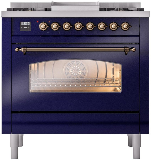 ILVE Nostalgie II 36" Dual Fuel Liquid Propane Range, Blue, Bronze Trim UP36FNMPMBBLP ILVE