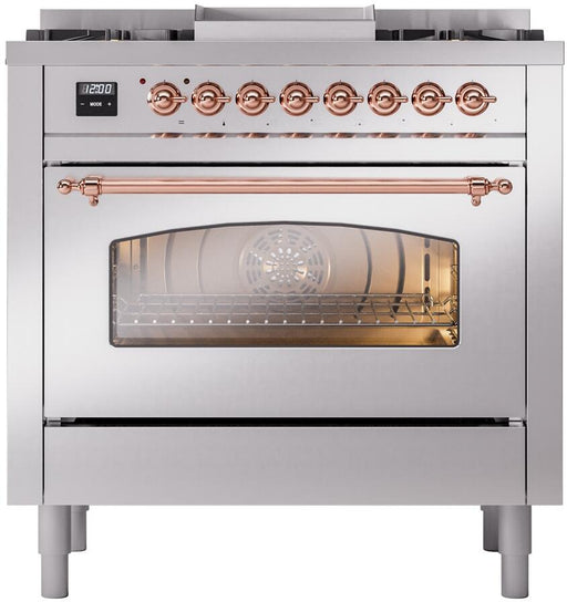 ILVE Nostalgie II 36" Dual Fuel Liquid Propane Range, Stainless Steel, Copper Trim UP36FNMPSSPLP ILVE