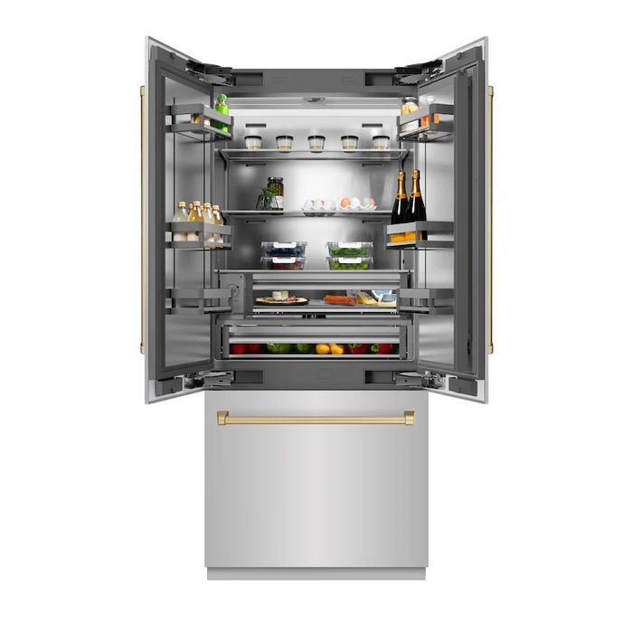ZLINE 36" French Door Built-In Bottom Freezer Refrigerator, Water Dispenser, Ice Maker, Stainless Steel, Accents SRBIVZ-304-36CB