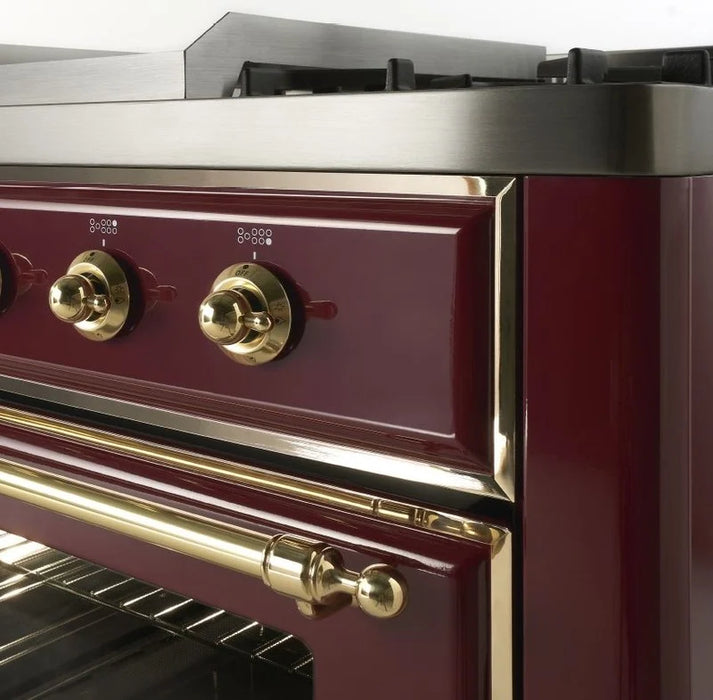 ILVE 48" Majestic II Dual Fuel Range, 8 Sealed Brass Burners, Griddle, Burgundy, Brass Trim UM12FDNS3BUG