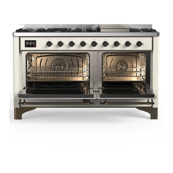 ILVE Majestic III 60" Dual Fuel Range, Antique White, Burnished Trim UM60FQNR3AWB