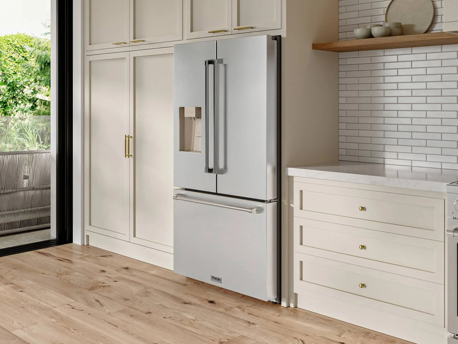 THOR Kitchen 36" French Door Standard Depth Refrigerator, Water Dispenser, Dual Ice Maker - Angle View